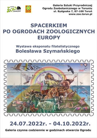 Plakat wystawy znaczków pocztowych pod tytułem: Spacerkiem po ogrodach zoologicznych Europy